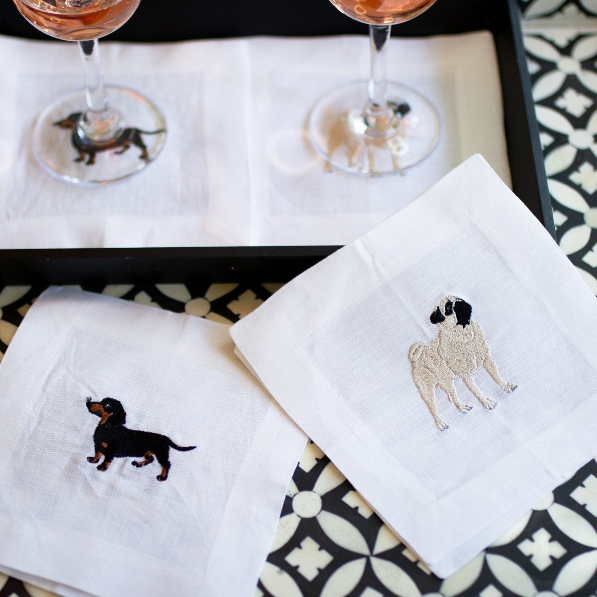 Lettermade Pug Embroidered Linen Cocktail Napkins – Set of 4