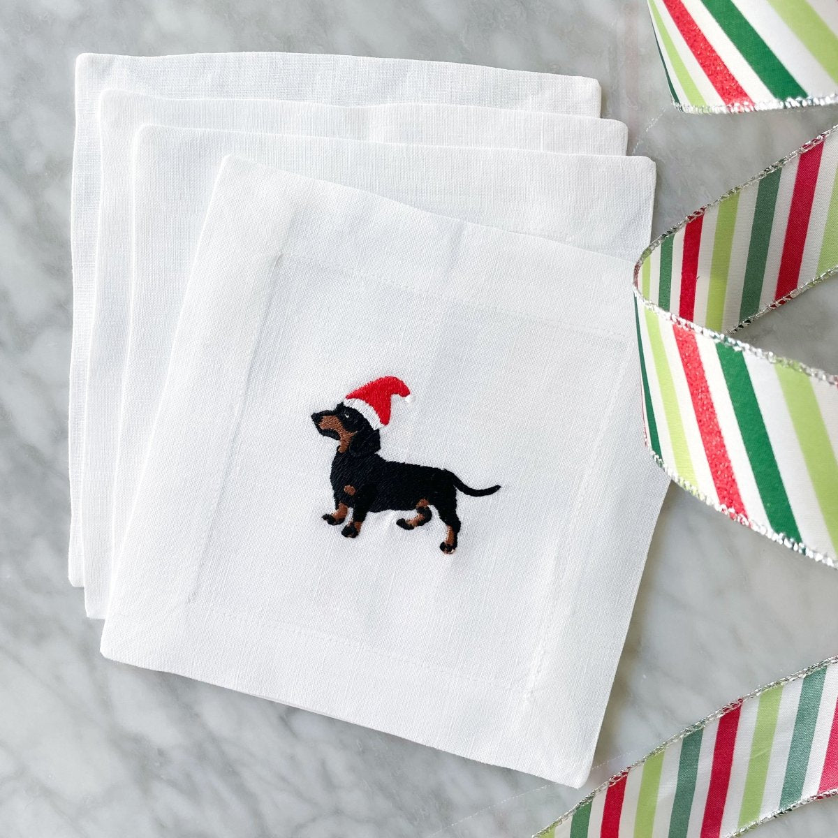 Lettermade Santa Dogs Dachshund Embroidered Linen Cocktail Napkins – Set of 4