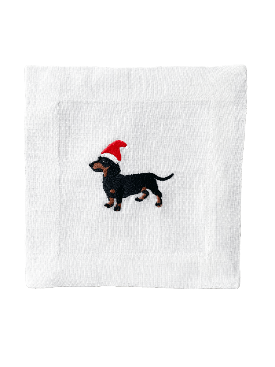 Lettermade Santa Dogs Dachshund Embroidered Linen Cocktail Napkins – Set of 4