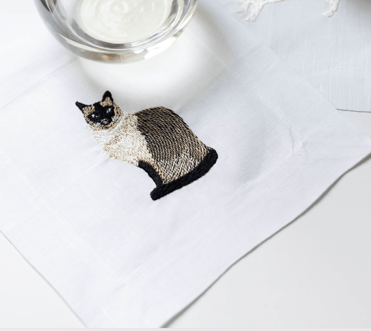 Lettermade Siamese Cat Embroidered Linen Cocktail Napkins – Set of 4