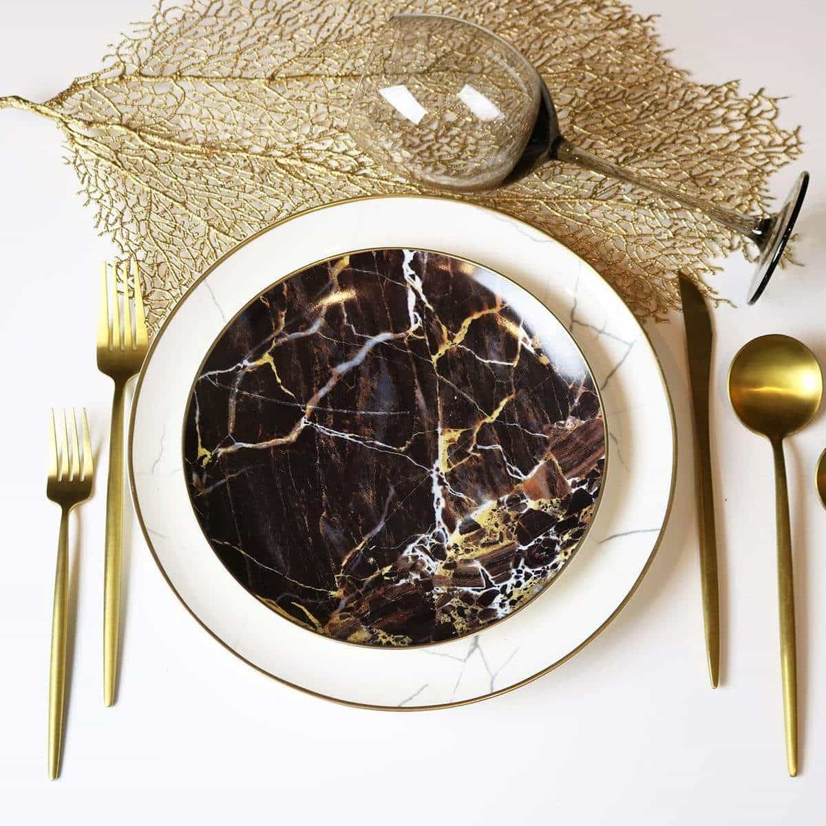 little white dish Black Marble Accent Salad Plate – Set of 4 | Fine Bone China with 14k Gold Rim