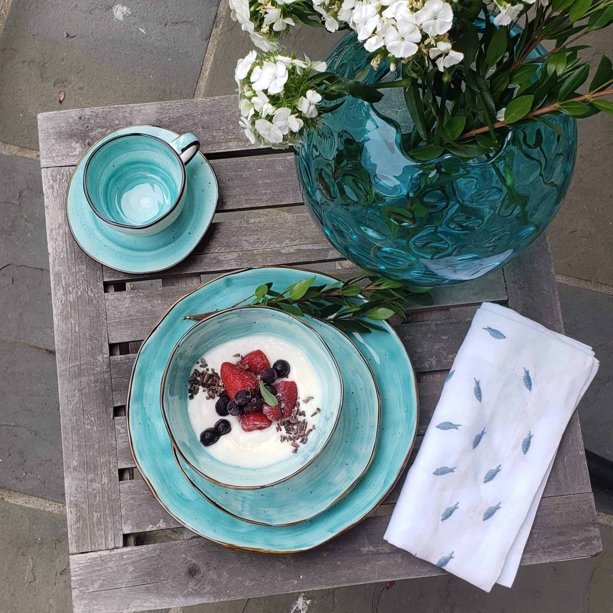 little white dish Cabana Turquoise 20 - Piece Fine Bone China Dinnerware Set