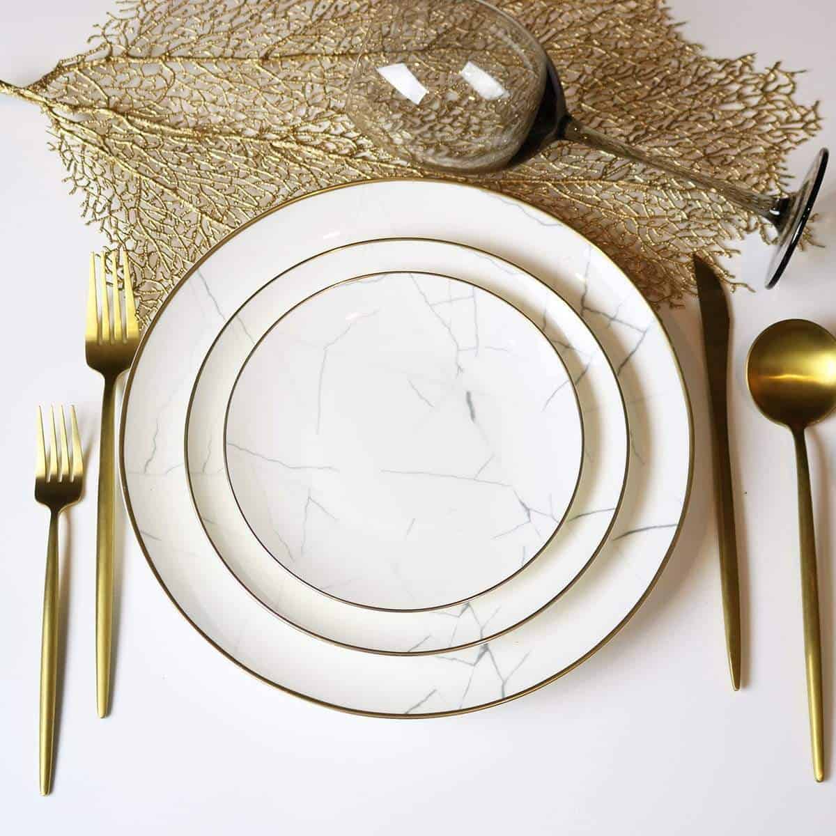 little white dish Carrara Marble Design 16 - Piece Dinnerware Set | Fine Bone China with 14k Gold Rim