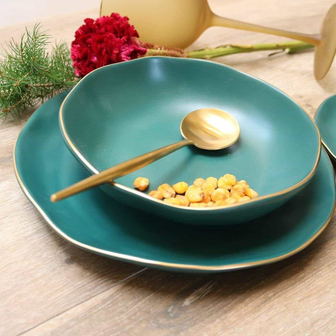 little white dish Pine Green Soup Bowl with Gold Rim – Set of 4