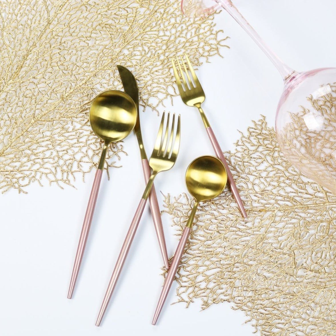 little white dish Pink and Gold Obelisk Flatware Set – 20 Pieces