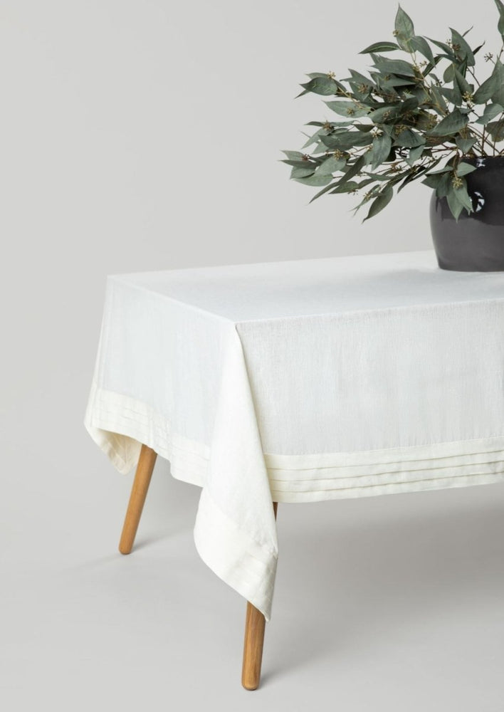 Afloral Malaika Linen Heirloom Tablecloth in Ecru, 59" x 118" - lily & onyx