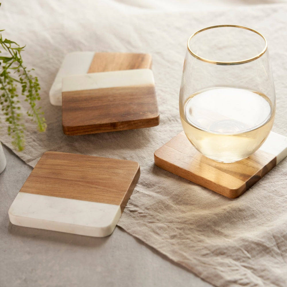 Twine Living Marble & Acacia Wood Coasters, Set of 4 - lily & onyx