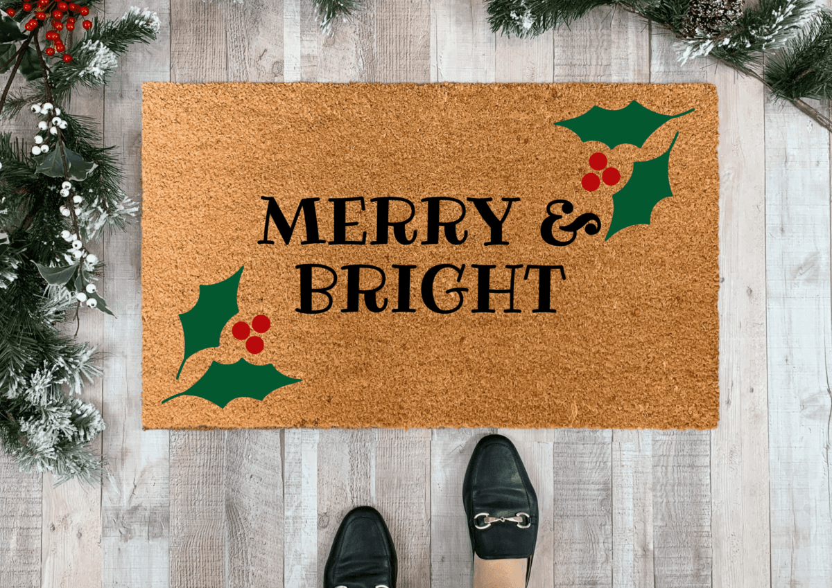 Nickel Designs Custom Doormats Merry and Bright Christmas Holly Doormat