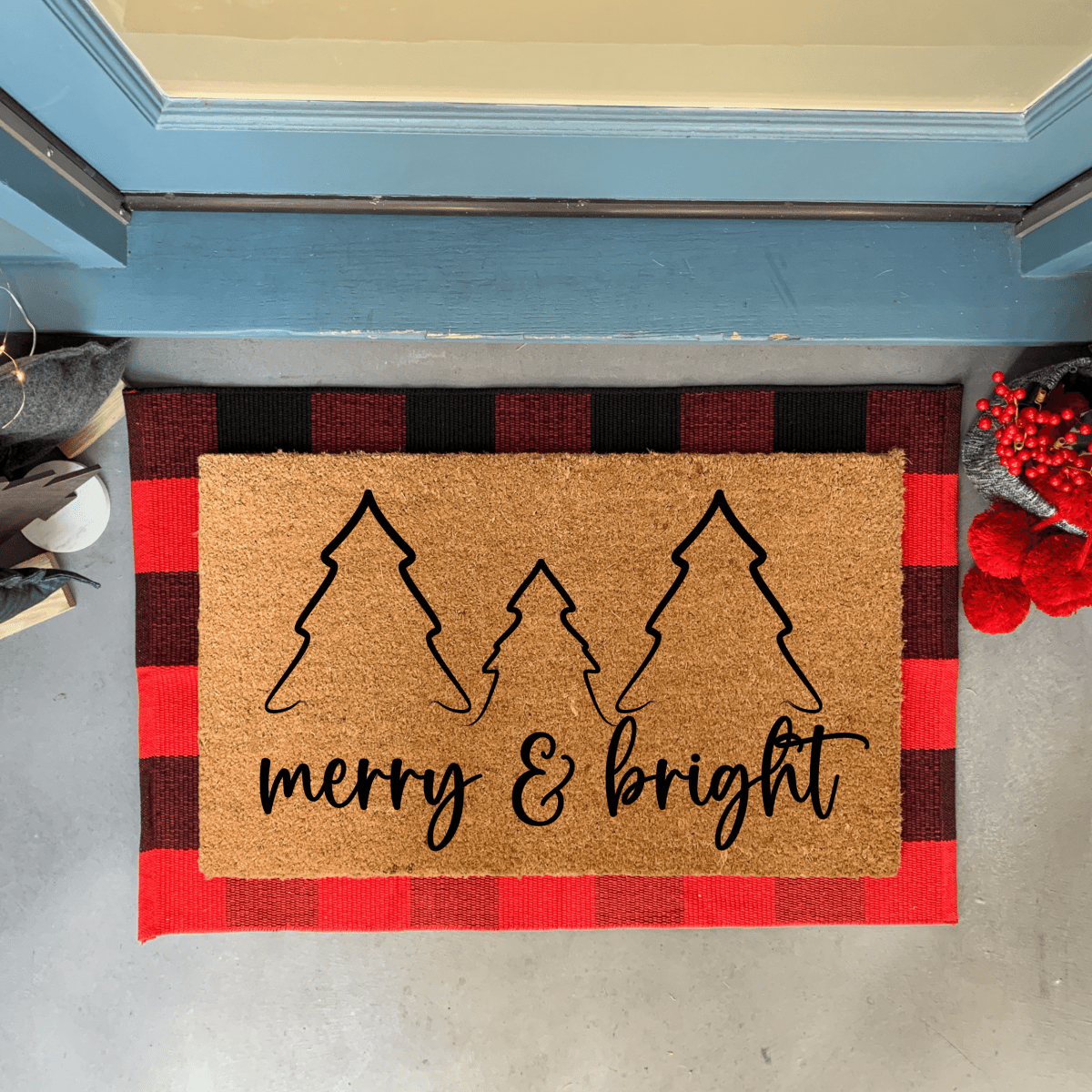 Nickel Designs Custom Doormats Merry and Bright Christmas Trees Doormat