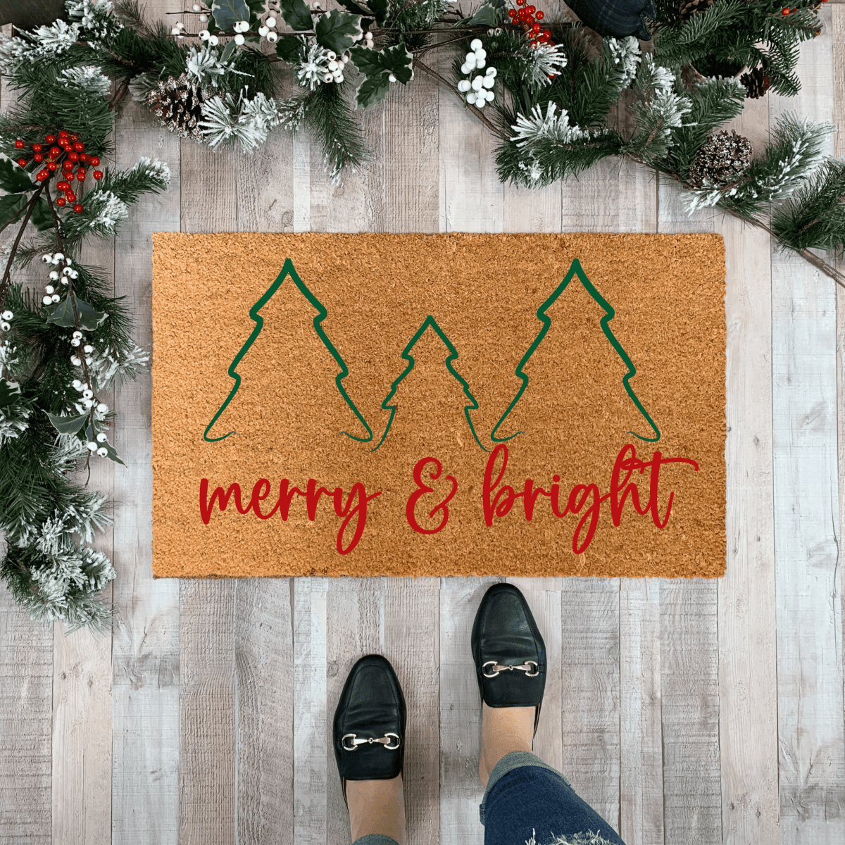 Nickel Designs Custom Doormats Merry and Bright Christmas Trees Doormat