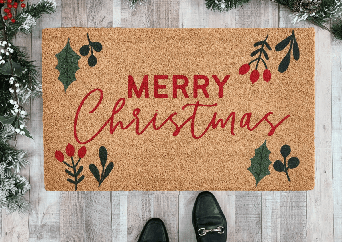 Nickel Designs Custom Doormats Merry Christmas Doormat with Greenery