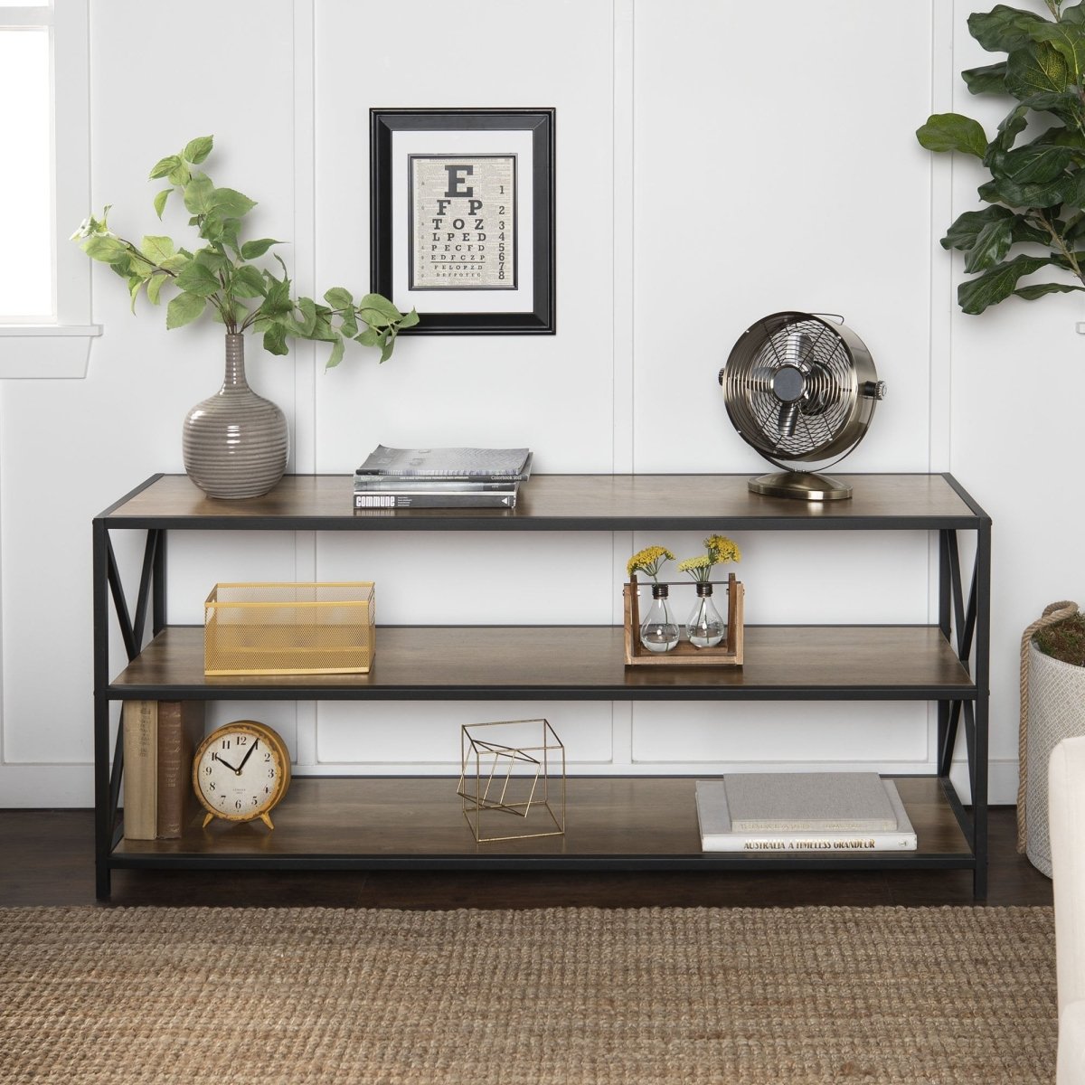 Walker Edison Metal X 60" Bookshelf, Rustic Oak