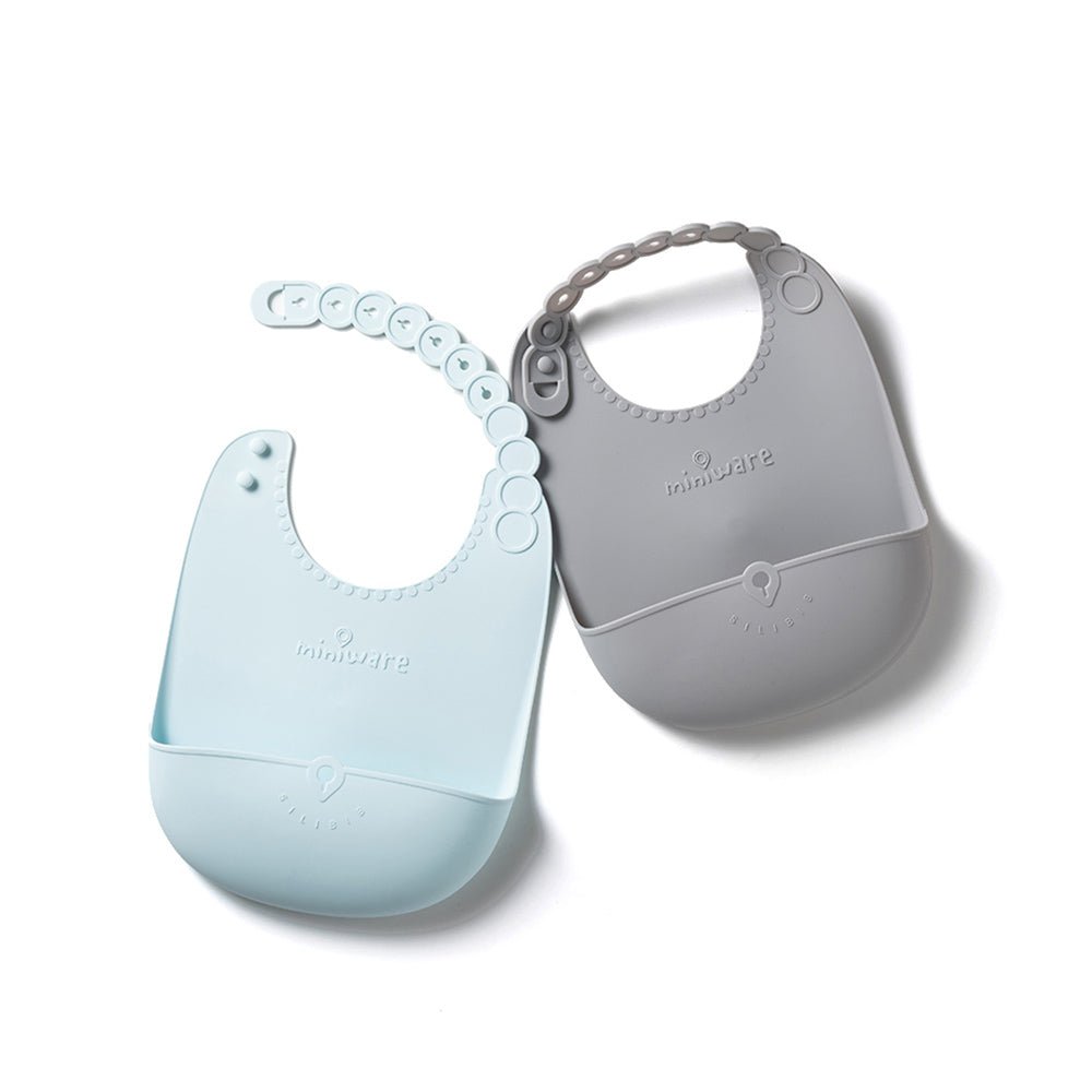 Miniware Roll & Lock Silicone Bib (2 Pack) - Aqua + Dove Grey
