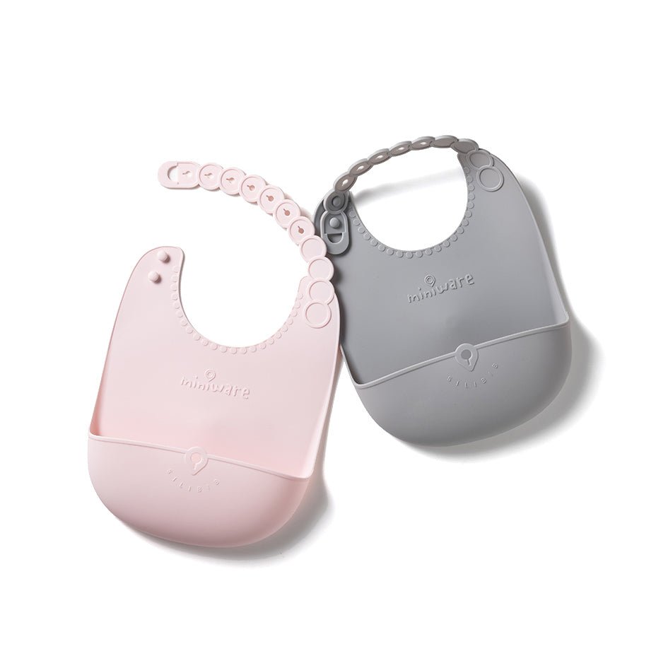 Miniware Roll & Lock Silicone Bib (2 Pack) - Cotton Candy + Dove Grey