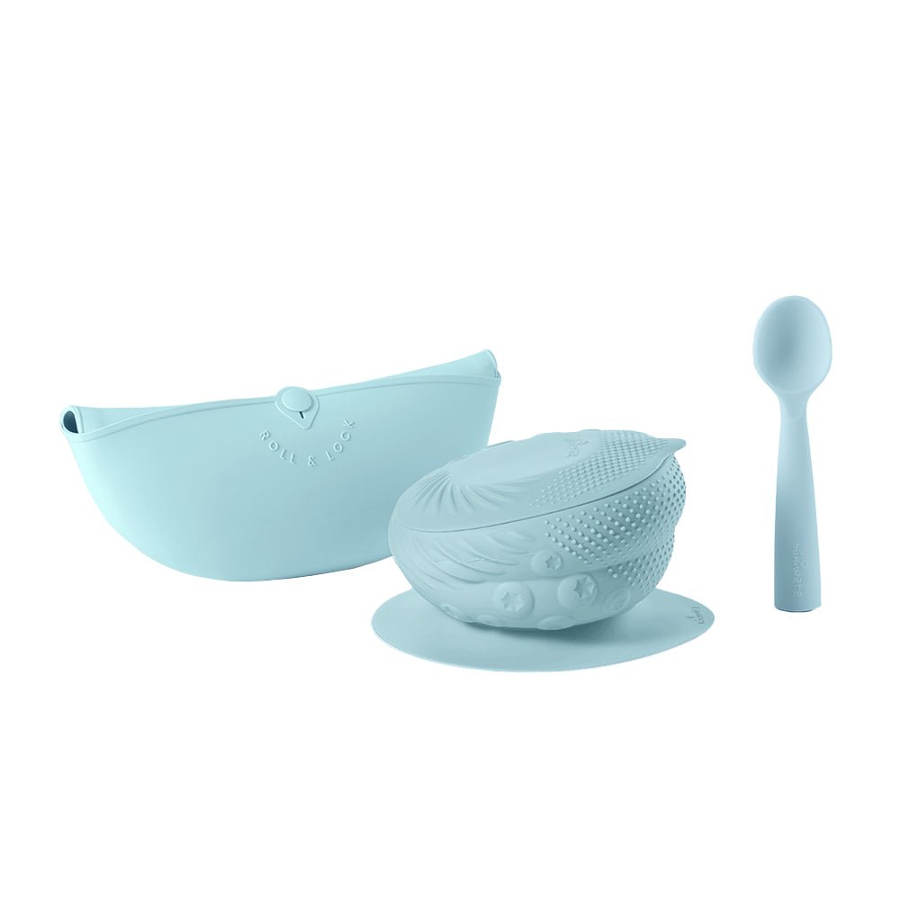 Miniware Sensory Starter Set: Baby Bowl, Bib & Spoon for Self - Feeding - Aqua