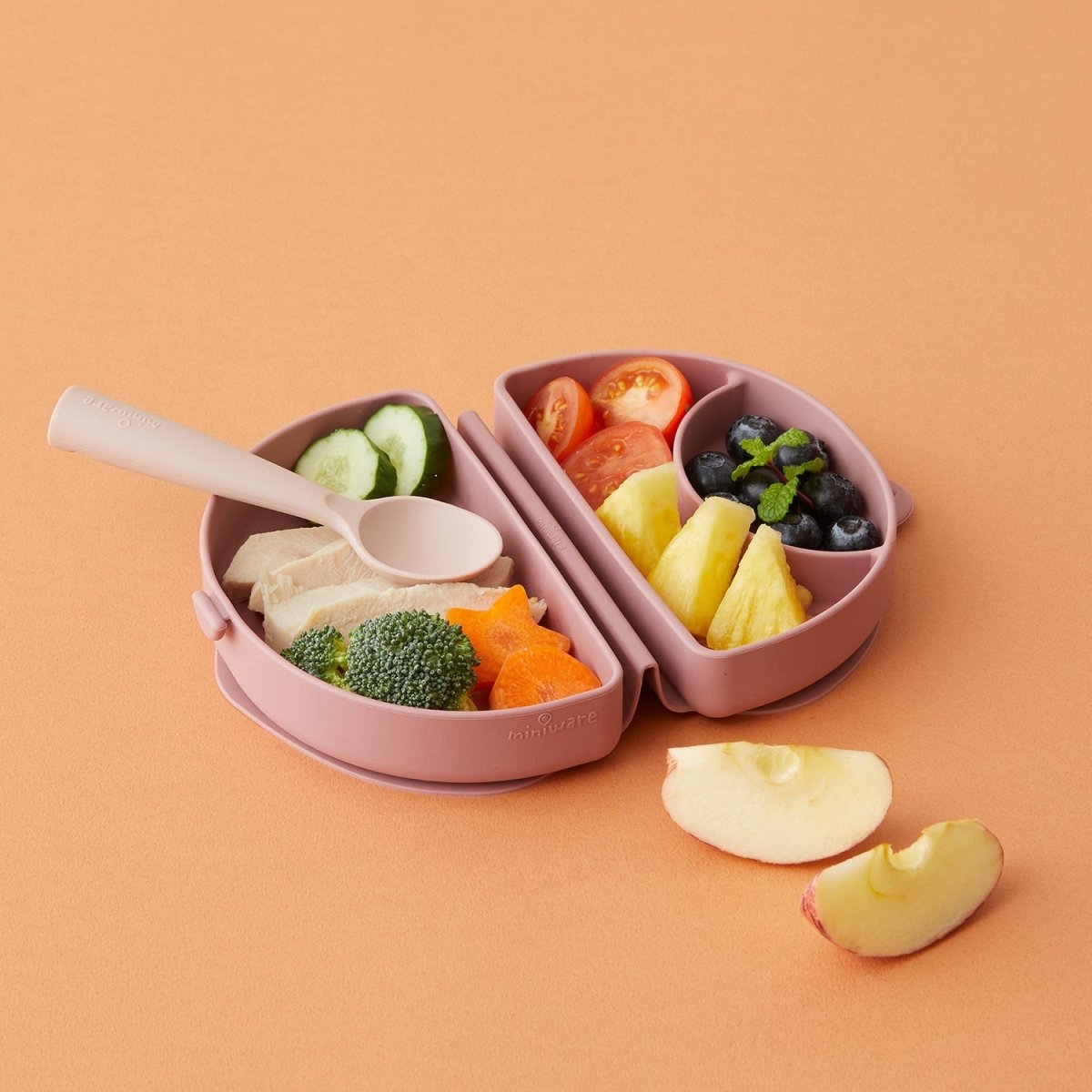 Miniware Silifold Collapsible Silicone Travel Feeding Plate & Spoon Set - Raspberry + Pink Salt