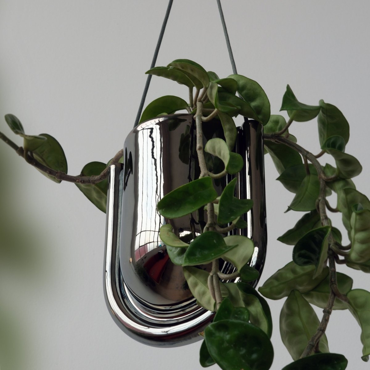 Misewell Portico Hanging Planter in Chrome | Handcrafted Stoneware Ceramic Planter with Drainage
