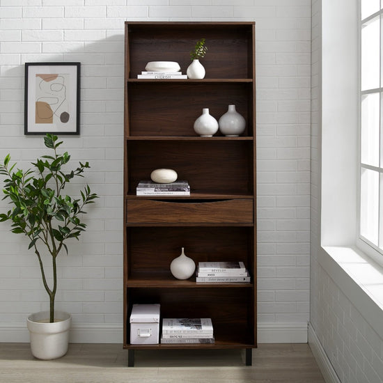 Walker Edison Modern 5-Shelf Bookshelf with Drawer - lily & onyx