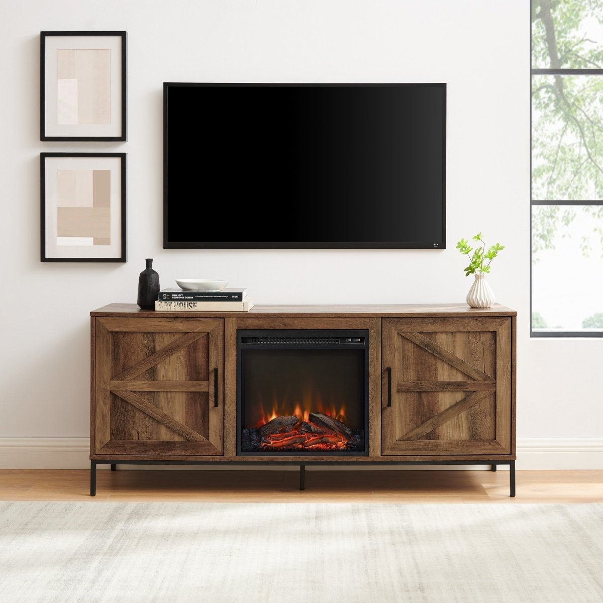Walker Edison Modern Farmhouse Barn Door Fireplace TV Stand for TVs up to 65” - lily & onyx