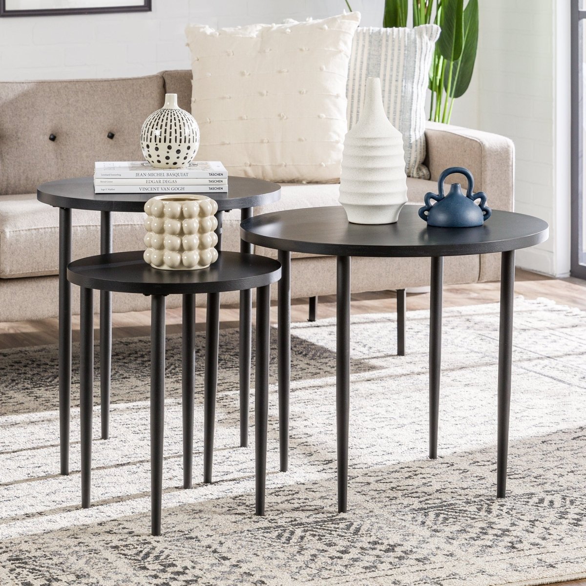 Walker Edison Modern Round Nesting Coffee Tables with Tapered Legs, Set of 3 - lily & onyx