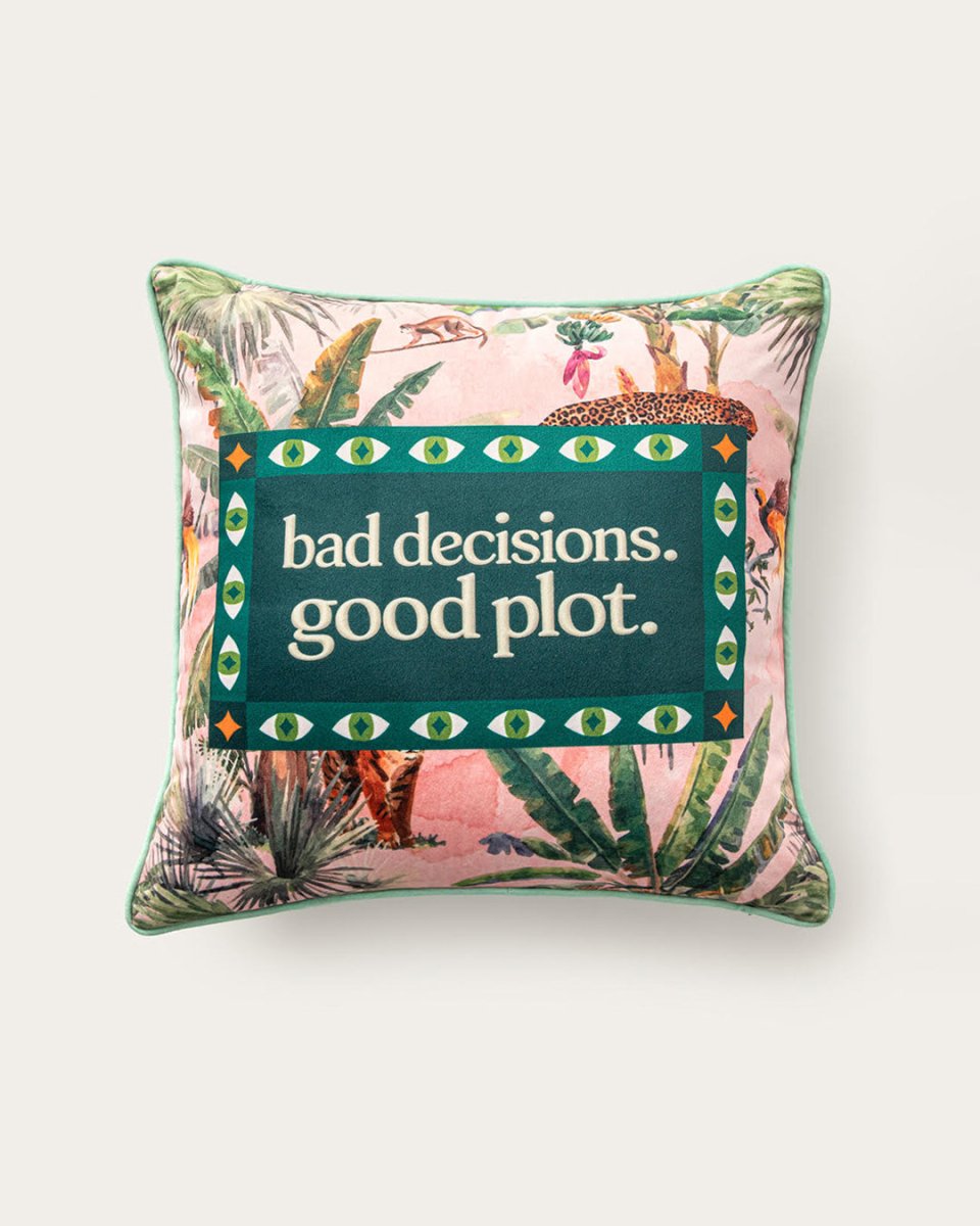 Mood Theory Bad Decisions Good Plot Pillow | Velvet Statement Throw Pillow