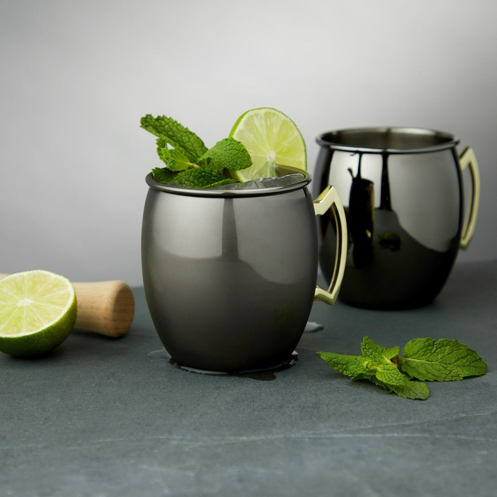True Moscow Mule 16 oz Stainless Steel Mugs in Black & Gold, Set of 2 - lily & onyx