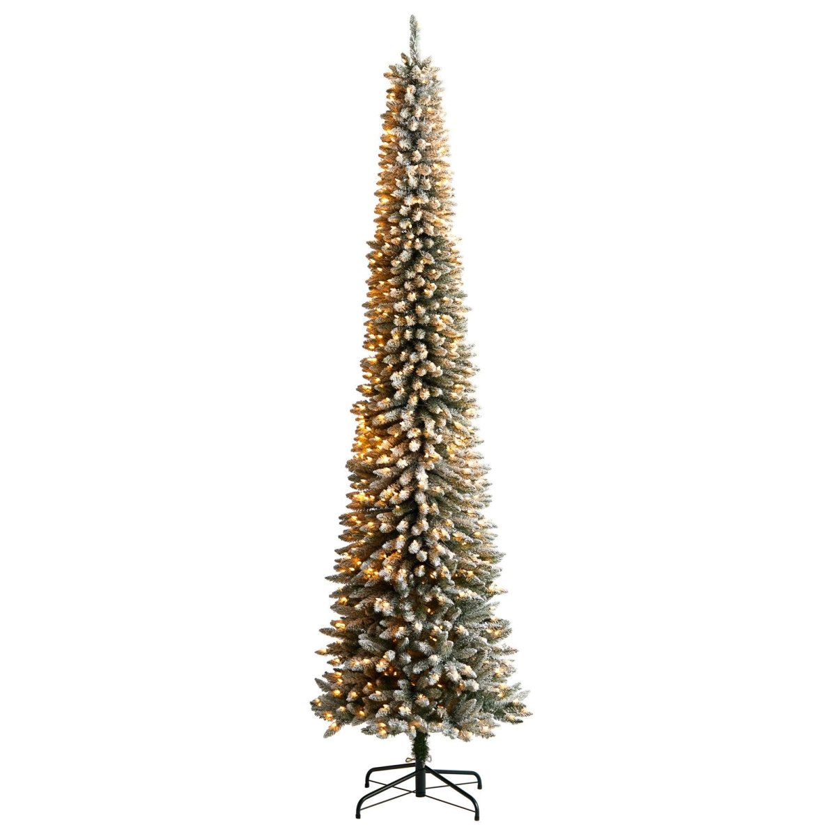 Nearly Natural 10’ Flocked Pencil Artificial Christmas Tree with 700 Clear Lights and 1145 Bendable Branches