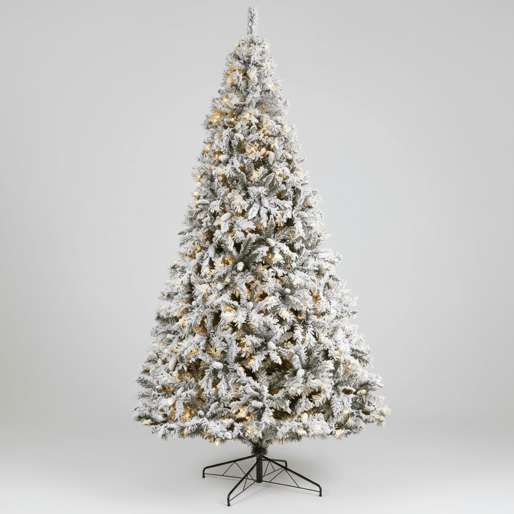 Nearly Natural 10' Flocked White River Mountain Pine Christmas Tree with Pinecones and 800 Clear LED Lights