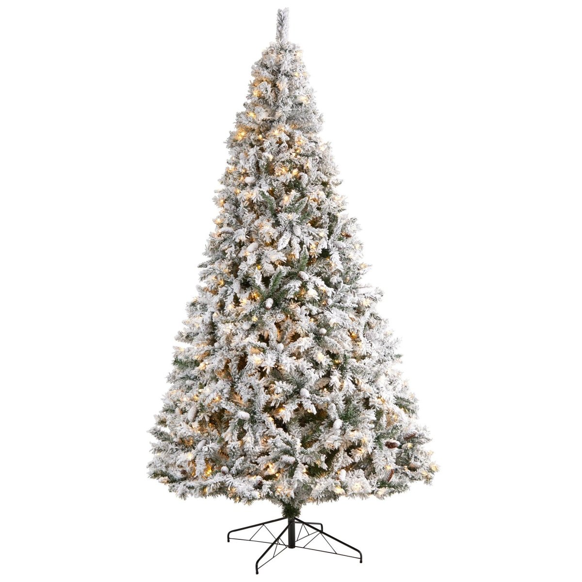 Nearly Natural 10' Flocked White River Mountain Pine Christmas Tree with Pinecones and 800 Clear LED Lights