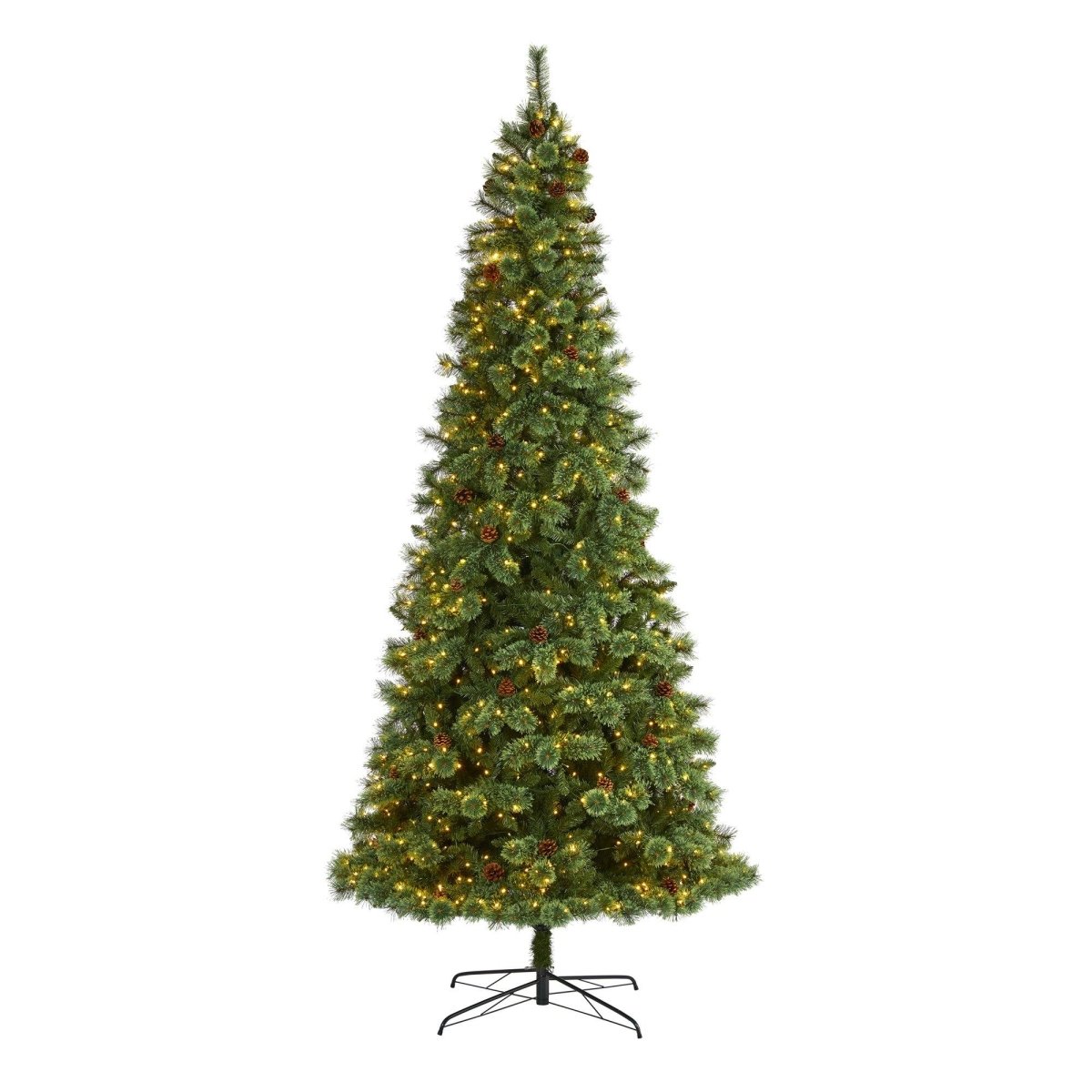 Nearly Natural 10’ White Mountain Pine Artificial Christmas Tree with 850 Clear LED Lights and Pine Cones