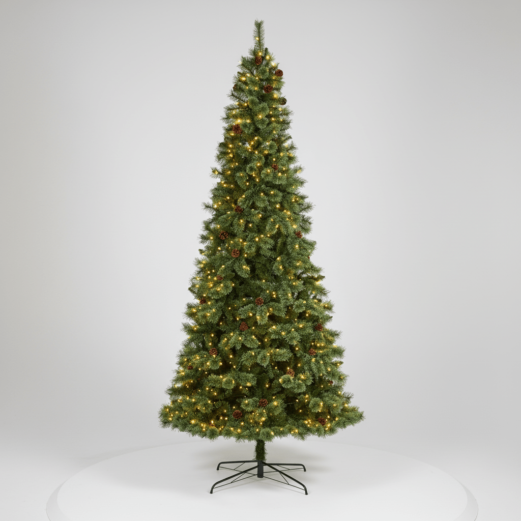 Nearly Natural 10’ White Mountain Pine Artificial Christmas Tree with 850 Clear LED Lights and Pine Cones