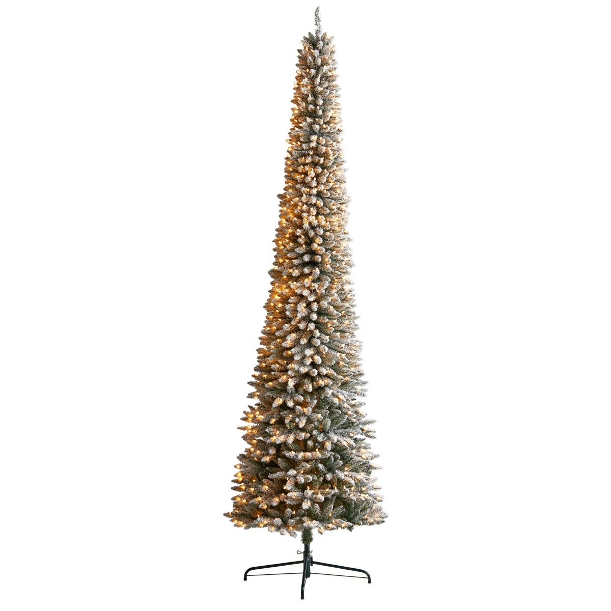 Nearly Natural 11’ Flocked Pencil Artificial Christmas Tree with 850 Clear Lights and 1435 Bendable Branches