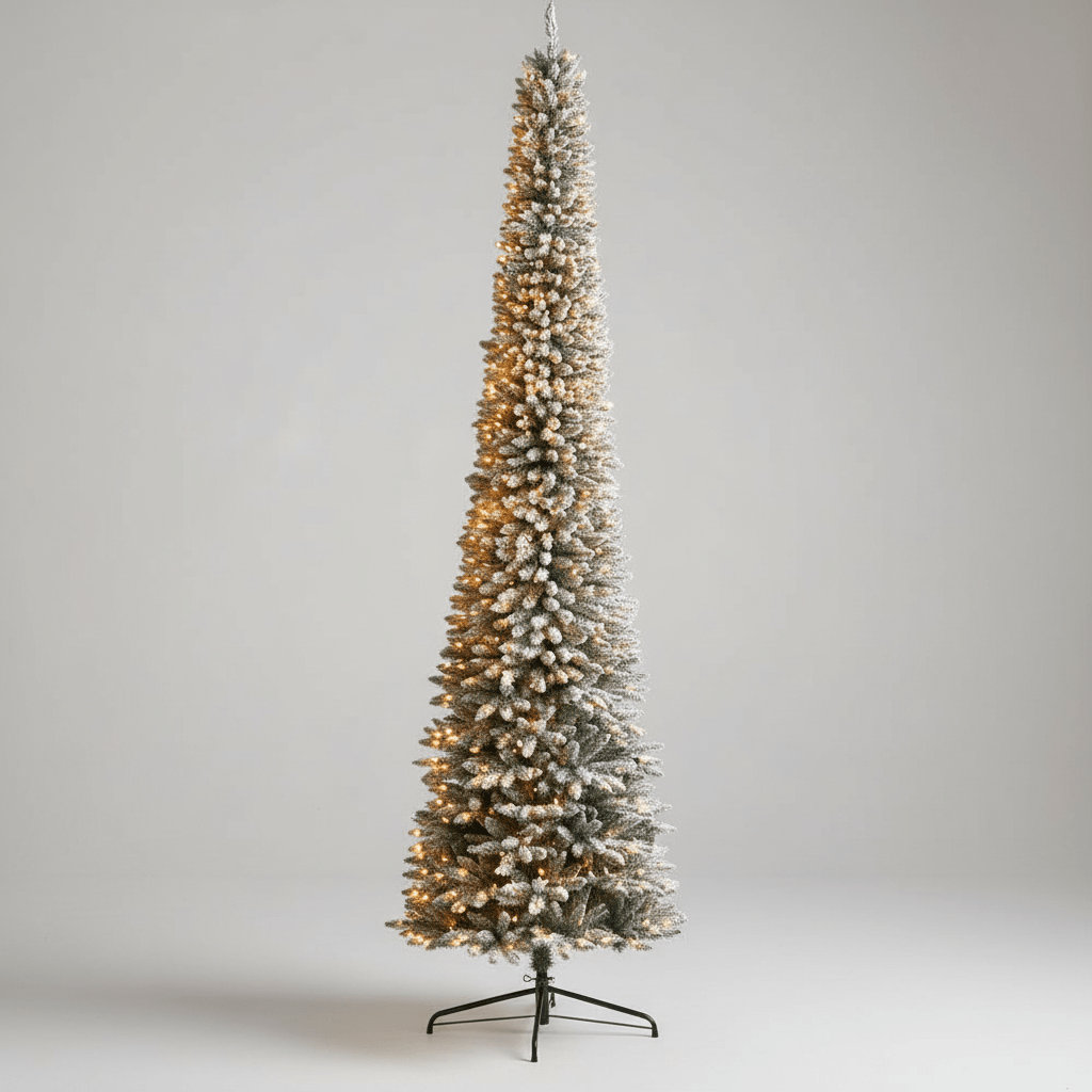 Nearly Natural 11’ Flocked Pencil Artificial Christmas Tree with 850 Clear Lights and 1435 Bendable Branches