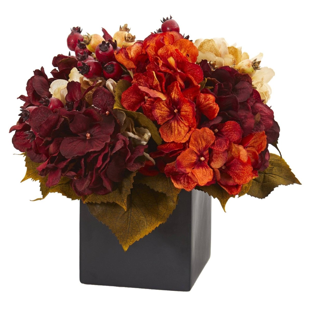Nearly Natural 12” Autumn Hydrangea Berry Artificial Arrangement in Black Vase