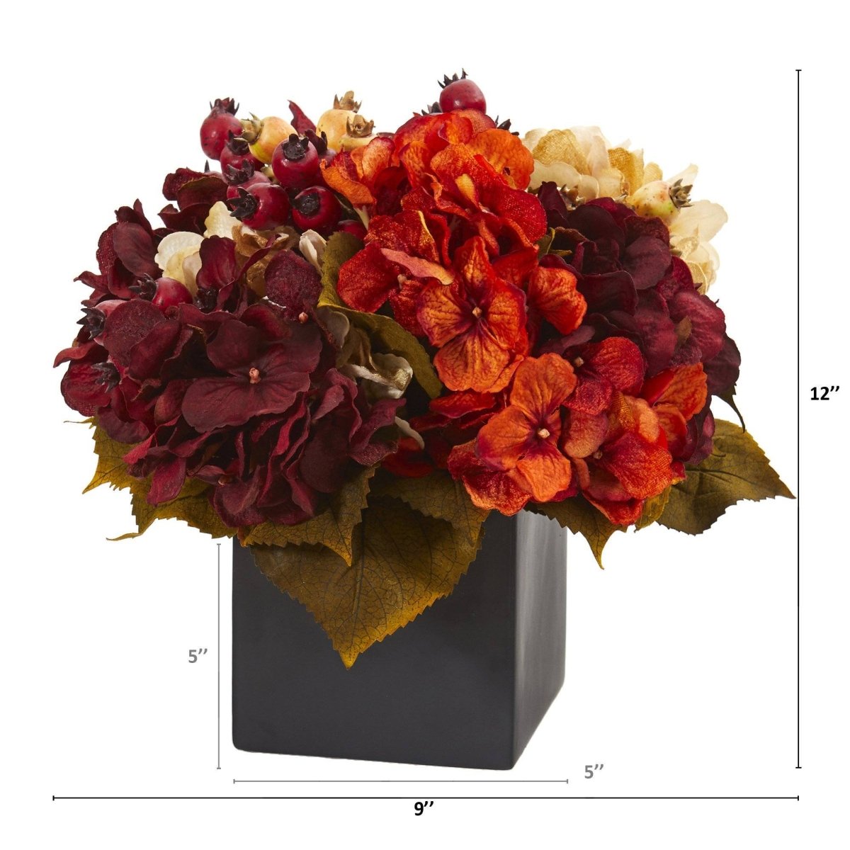 Nearly Natural 12” Autumn Hydrangea Berry Artificial Arrangement in Black Vase