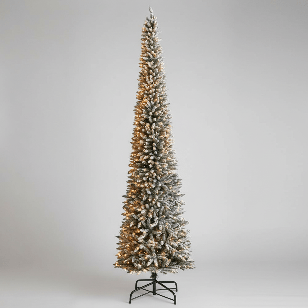 Nearly Natural 12' Flocked Pencil Christmas Tree - 1000 Clear Lights, 1819 Branches