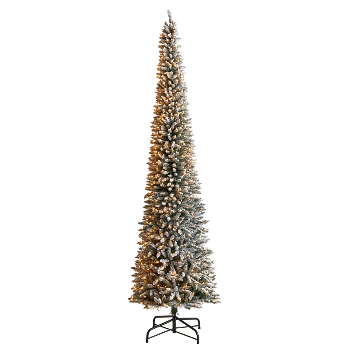 Nearly Natural 12' Flocked Pencil Christmas Tree - 1000 Clear Lights, 1819 Branches