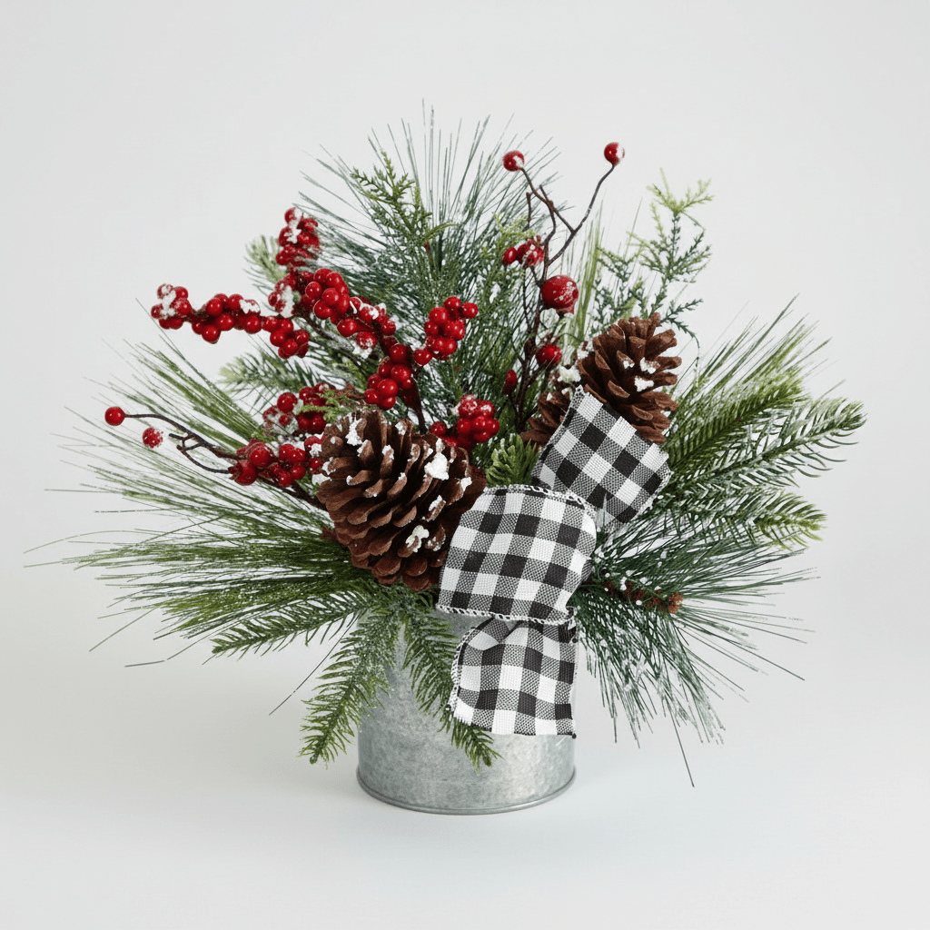 Nearly Natural 12" Frosted Pinecone Berry Arrangement in Vase with Plaid Bow
