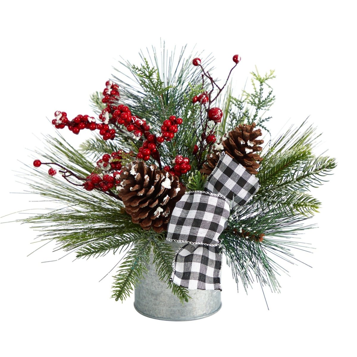 Nearly Natural 12" Frosted Pinecone Berry Arrangement in Vase with Plaid Bow