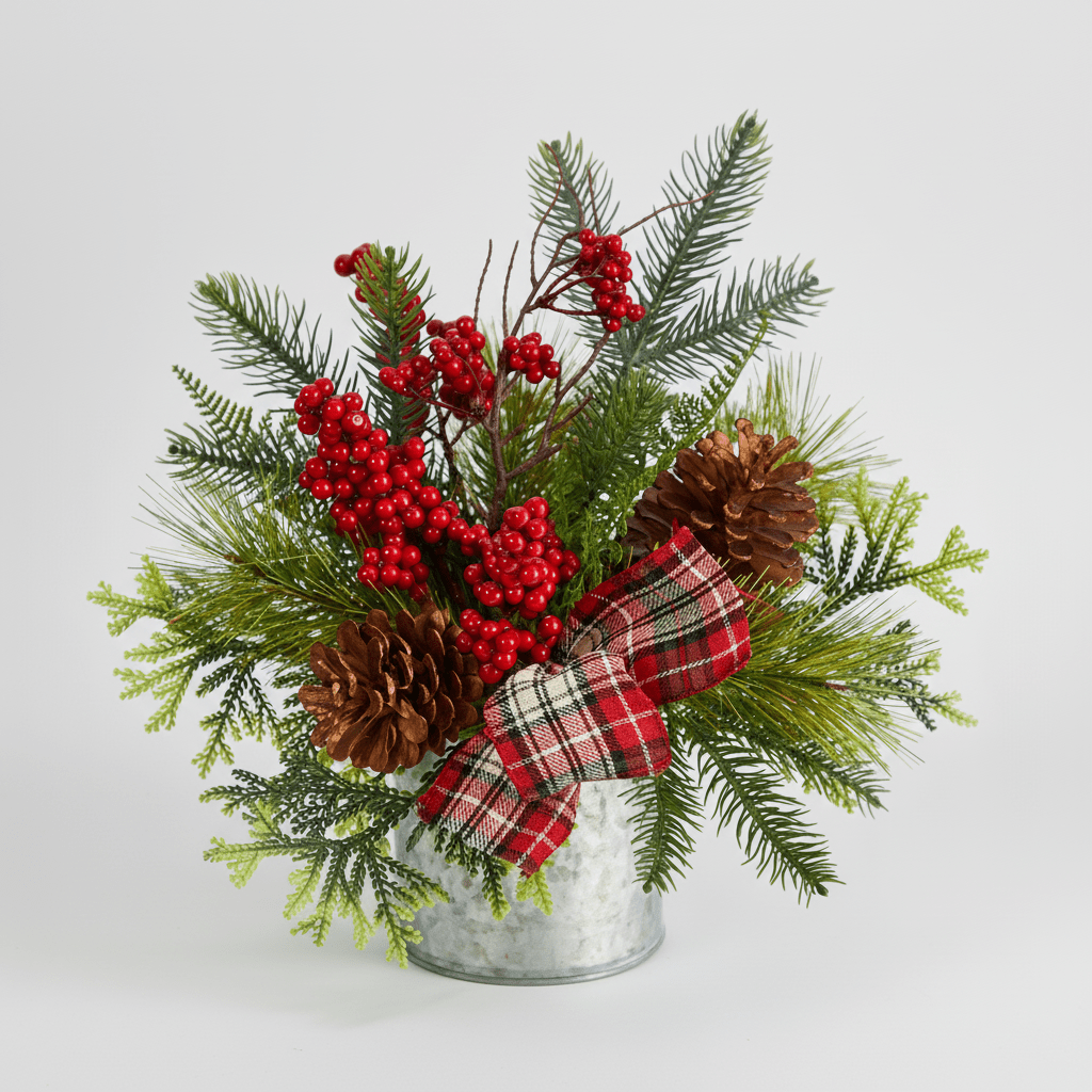 Nearly Natural 12” Holiday Winter Pinecones, Berries, Greenery and Plaid Bow Artificial Christmas Table Arrangement
