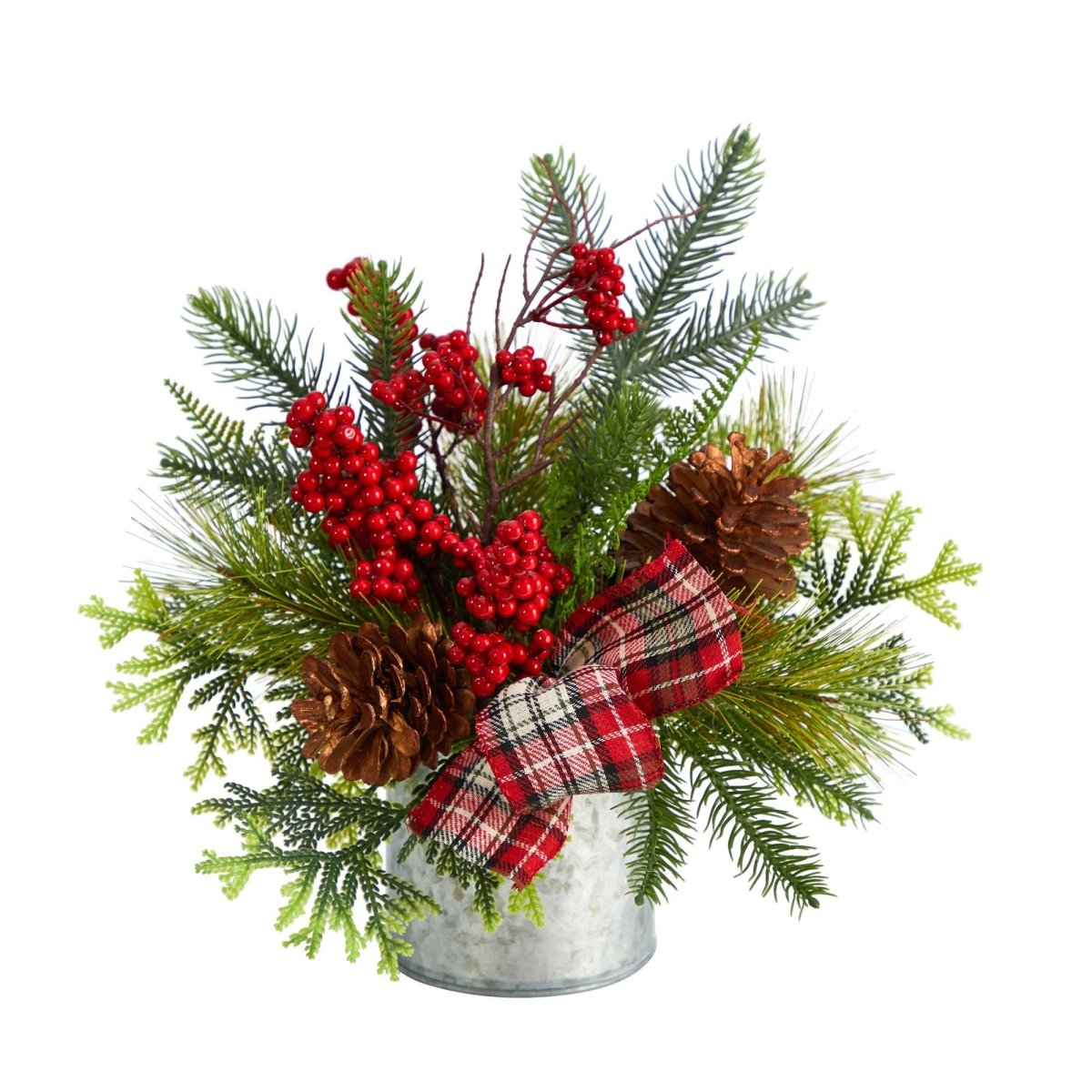 Nearly Natural 12” Holiday Winter Pinecones, Berries, Greenery and Plaid Bow Artificial Christmas Table Arrangement