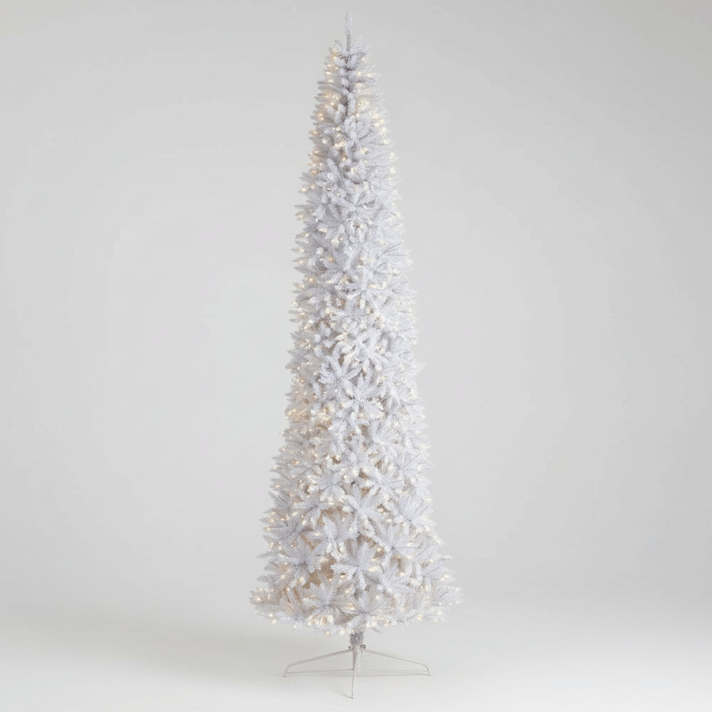 Nearly Natural 12’ Slim White Artificial Christmas Tree with 1100 Warm White LED Lights and 3235 Bendable Branches