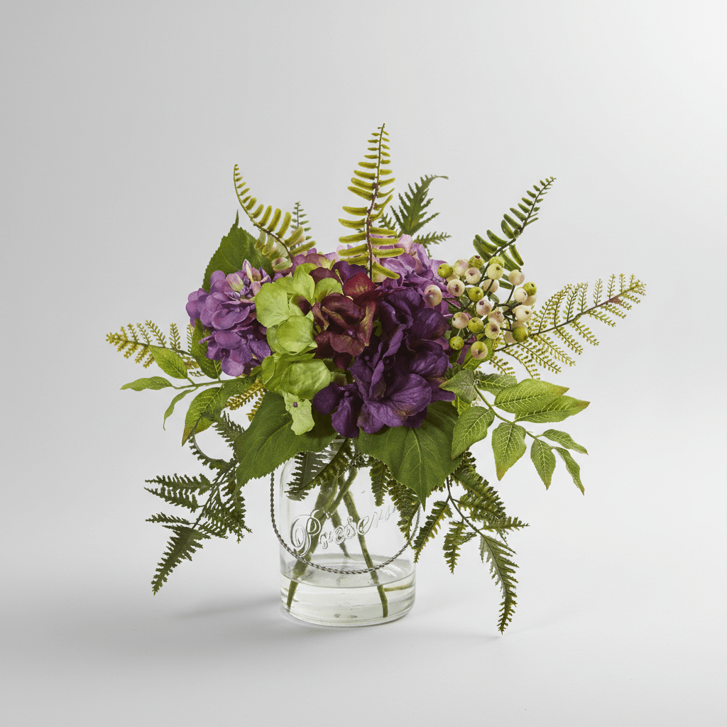 Nearly Natural 14" Silk Purple Green Hydrangea Berry Arrangement Glass Vase