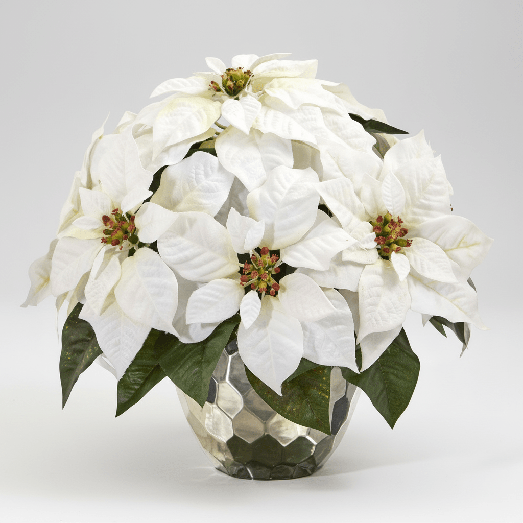 Nearly Natural 14" White Silk Poinsettia Arrangement in Silver Designer Bowl