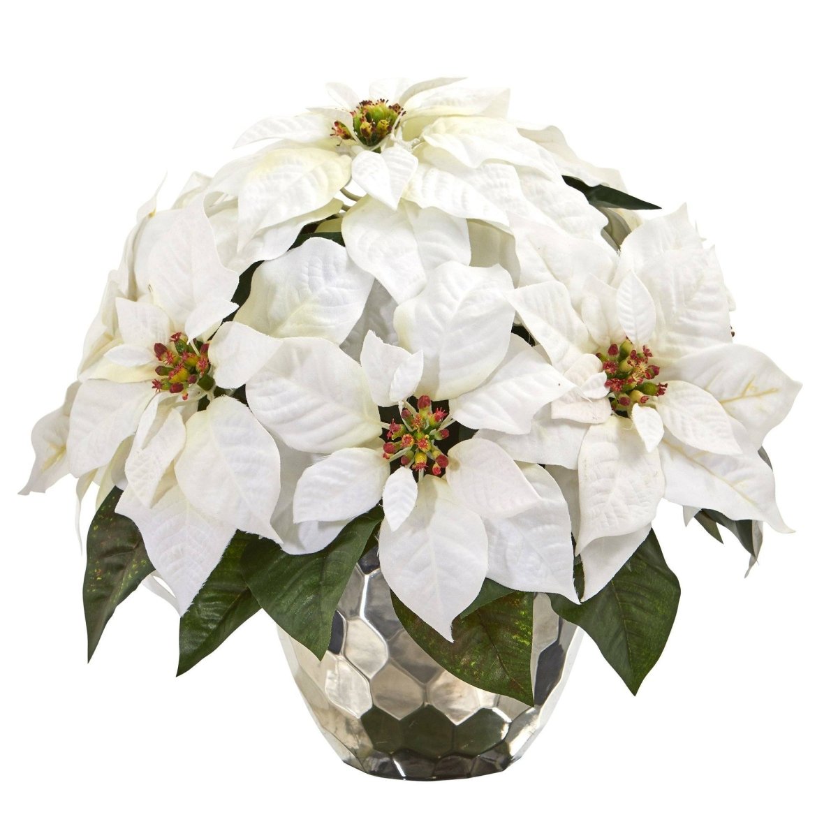 Nearly Natural 14" White Silk Poinsettia Arrangement in Silver Designer Bowl