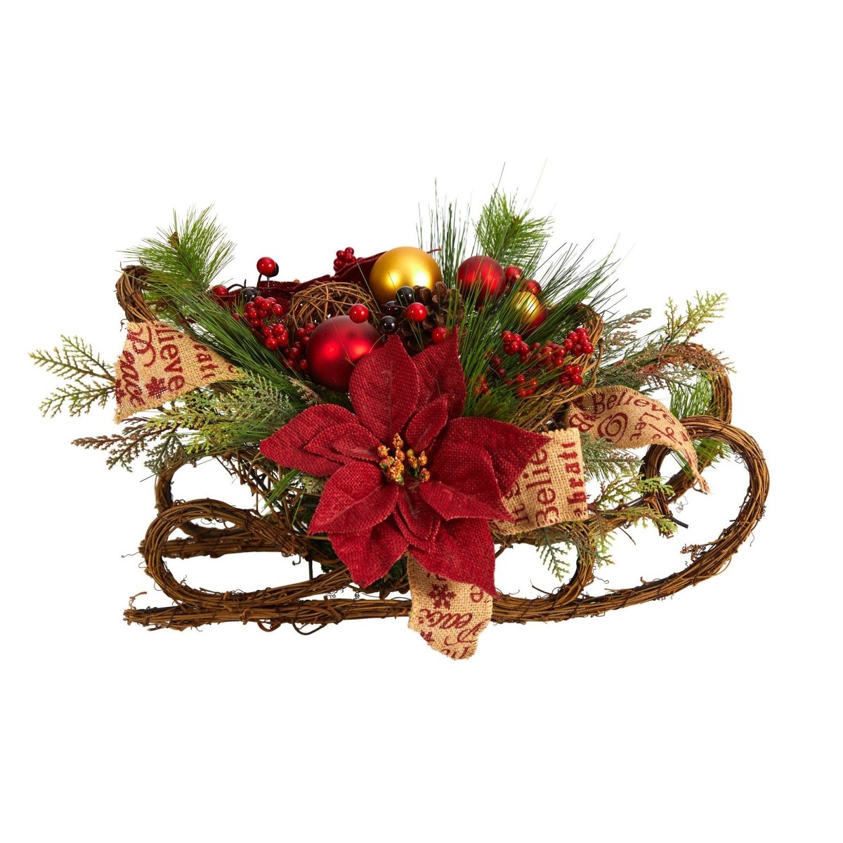 Nearly Natural 18" Christmas Sleigh Arrangement - Artificial Poinsettia & Pinecones