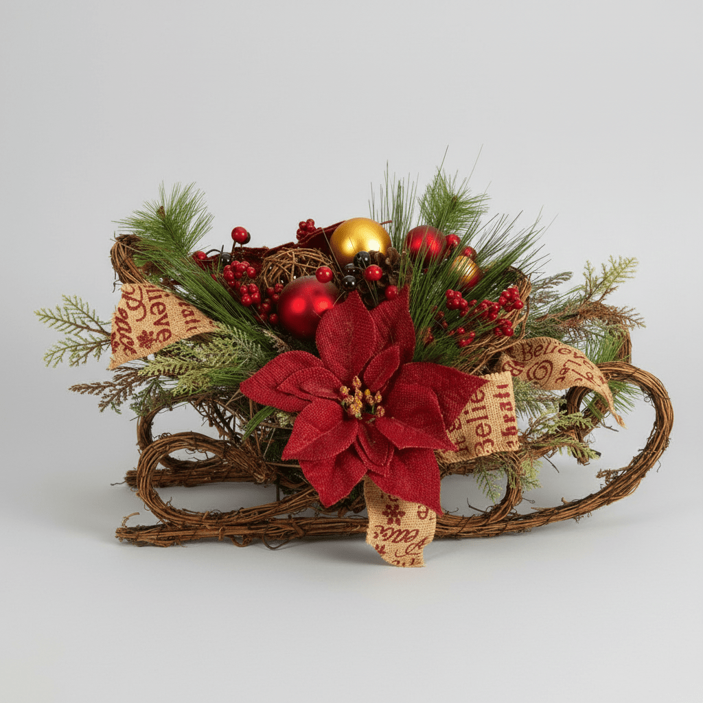 Nearly Natural 18" Christmas Sleigh Arrangement - Artificial Poinsettia & Pinecones