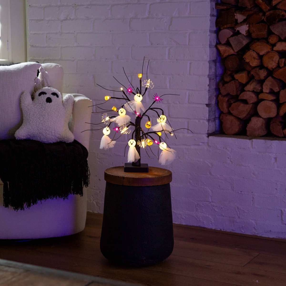 Nearly Natural 18" Pre-Lit Halloween Tree with Ghost Dolls, Spiders, Bats & Pumpkins
