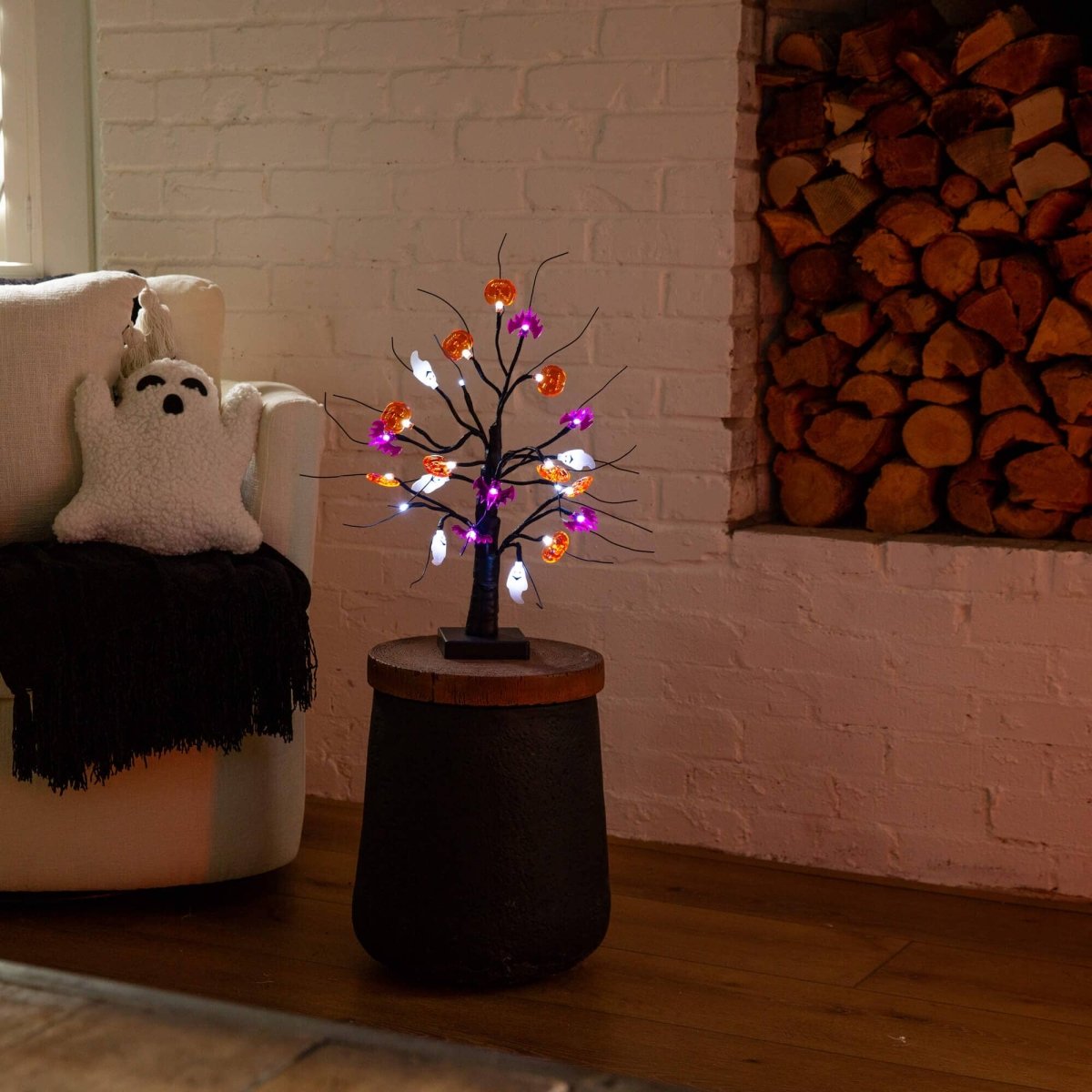 Nearly Natural 18" Pre-Lit Halloween Tree with Ghosts, Bats & Pumpkins