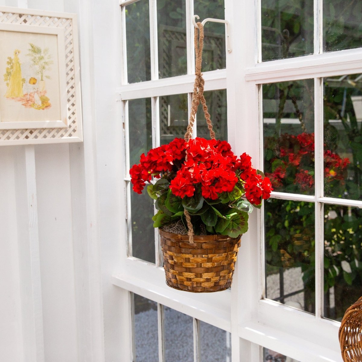 indoor hanging artificial plants Nearly Natural Geranium Hanging Basket Artificial Plant UV Resistant (Indoor/Outdoor) (White)